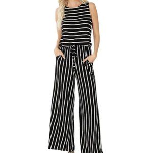 Wide Leg Romper Jumpsuit Black White Stripes